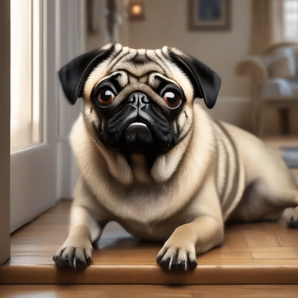 Um cão pug marrom claro e fofo, com expressão atenta e latindo, em um chão aconchegante de uma sala de estar com uma porta entreaberta.