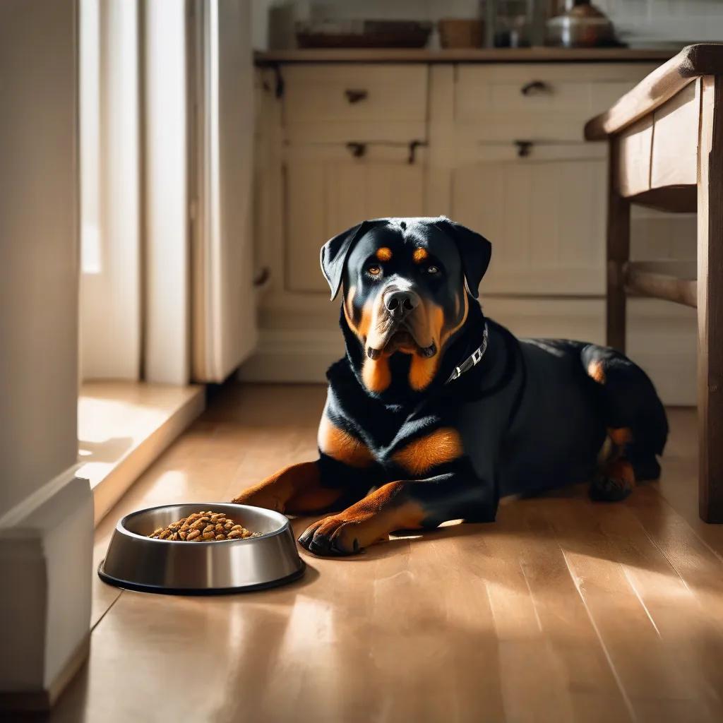 Um Rottweiler saudavel ao lado de uma tigela vazia, olhando para cima com expressão preocupada em um piso de sala aconchegante com luz quente.