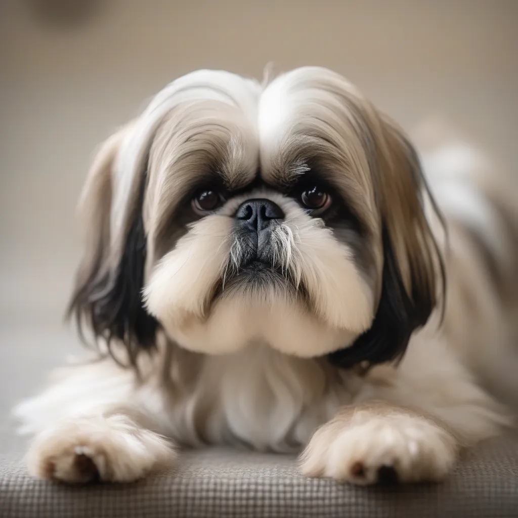 Shih Tzu fofo de pelagem branca e marrom lambendo a pata dianteira, sentado em um tapete claro iluminado pela luz do sol.