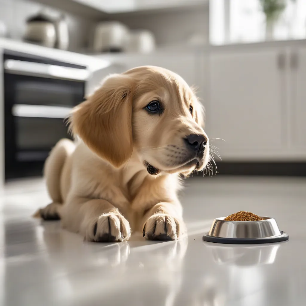 Um cachorro filhote da raça golden retriever olhando para cima com expressão preocupada, em um piso de cozinha branco e limpo.