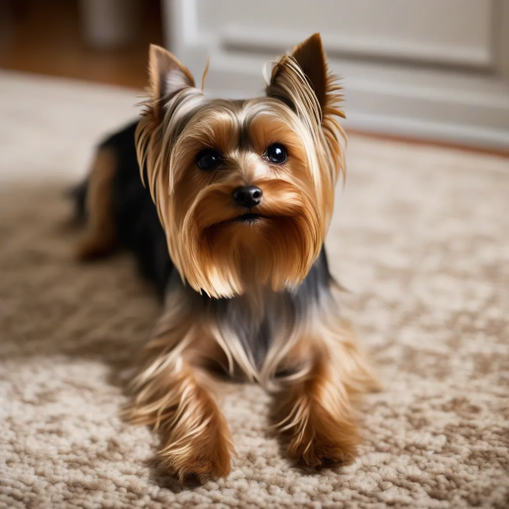 Yorkshire Terrier de pelos curtos se coça no sofá, com luz suave entrando pela janela.